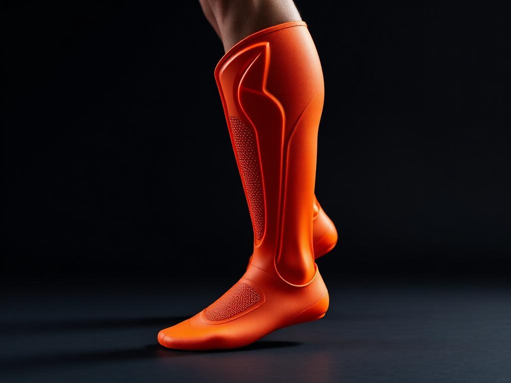 Custom 3D printed orange soccer shin guard molded to the leg