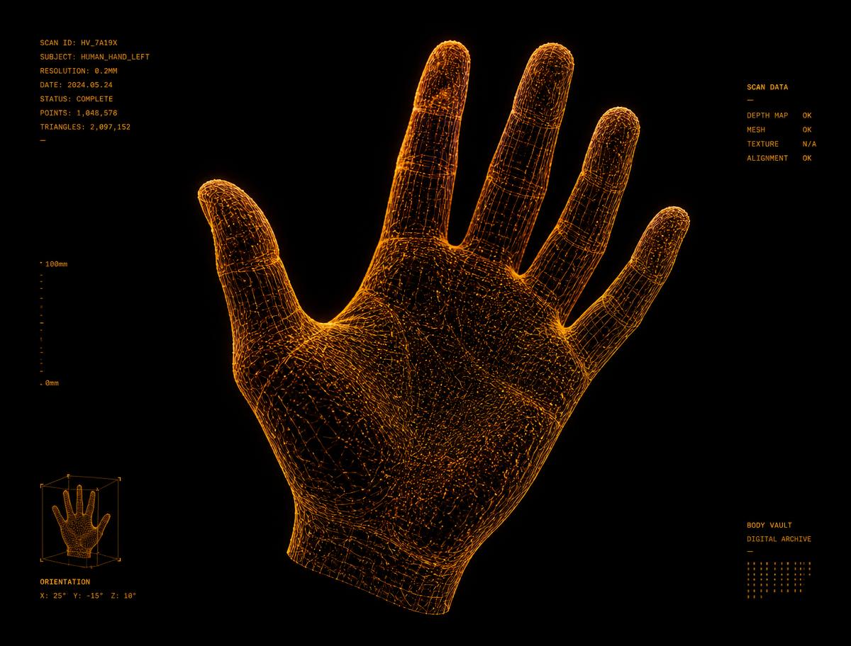 Wireframe point cloud of a 3D scanned hand stored in the Digital Body Vault